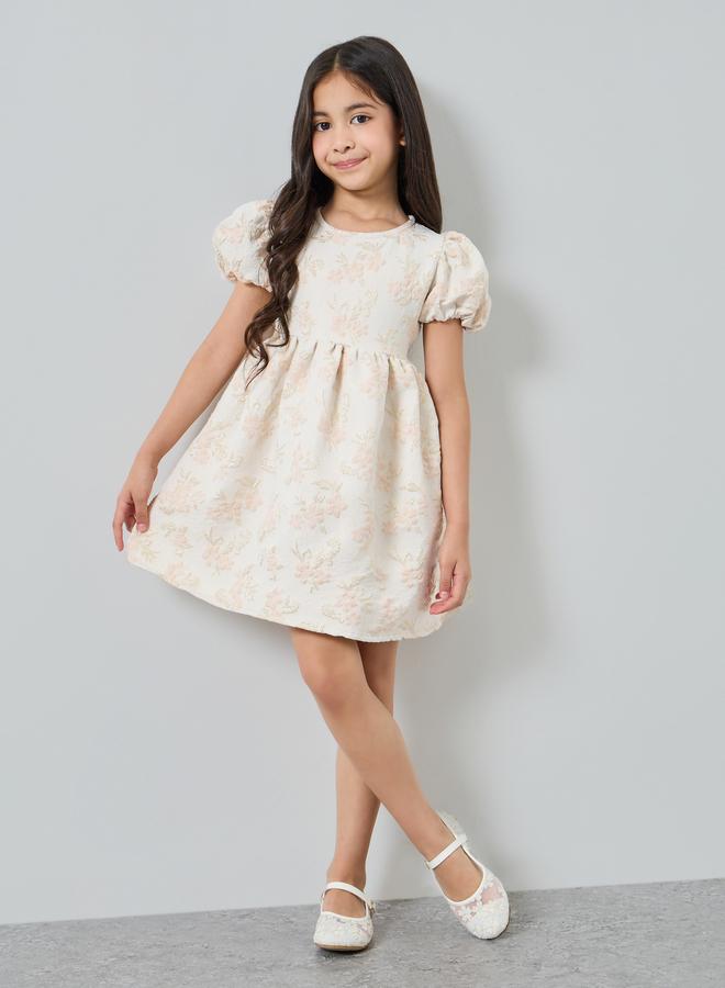 Styli Girls Gold Floral Jaquard Fit and Flare Party Dress - Image 1